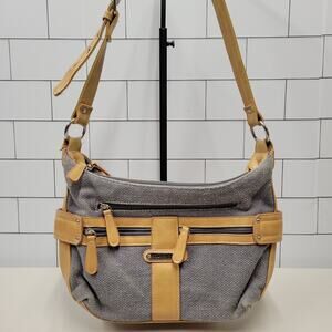 Stone Mountain USA Gray Canvas Tan Trim Multi Zip Shoulder Handbag Purse